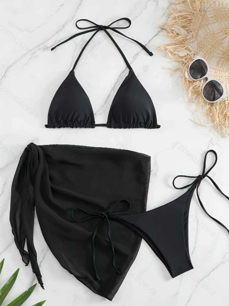 Womens 3-piece swimsuit solid suspender triangle tie bikini swimsuit covered beach skirt mini skirtW241225