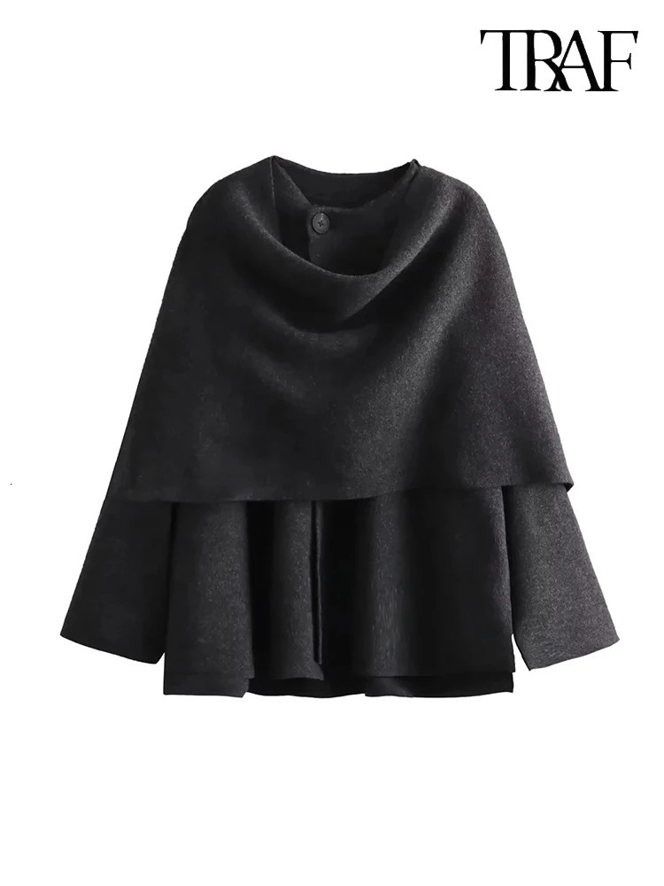 TRAF Womens Fashion Fall Winter Chic Scarf Jacket Long Sleeve Knitted Asymmetric Sexy Split Hem Loose Short 241225