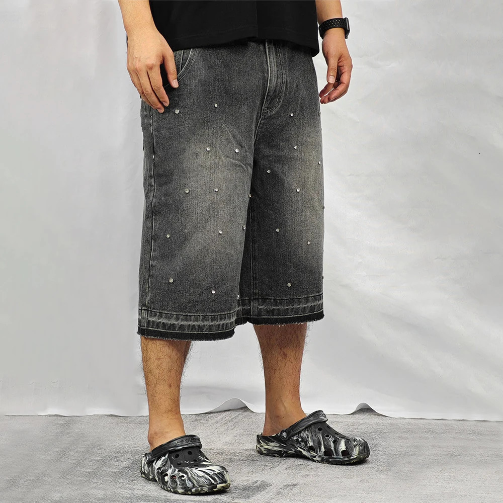 PEERAGE Y2k Retro Rhinestone Washed Wide Leg Baggy Long Jorts Men Streetwear Oversized Frayed Black Grey Loose Denim Jean Shorts 241225