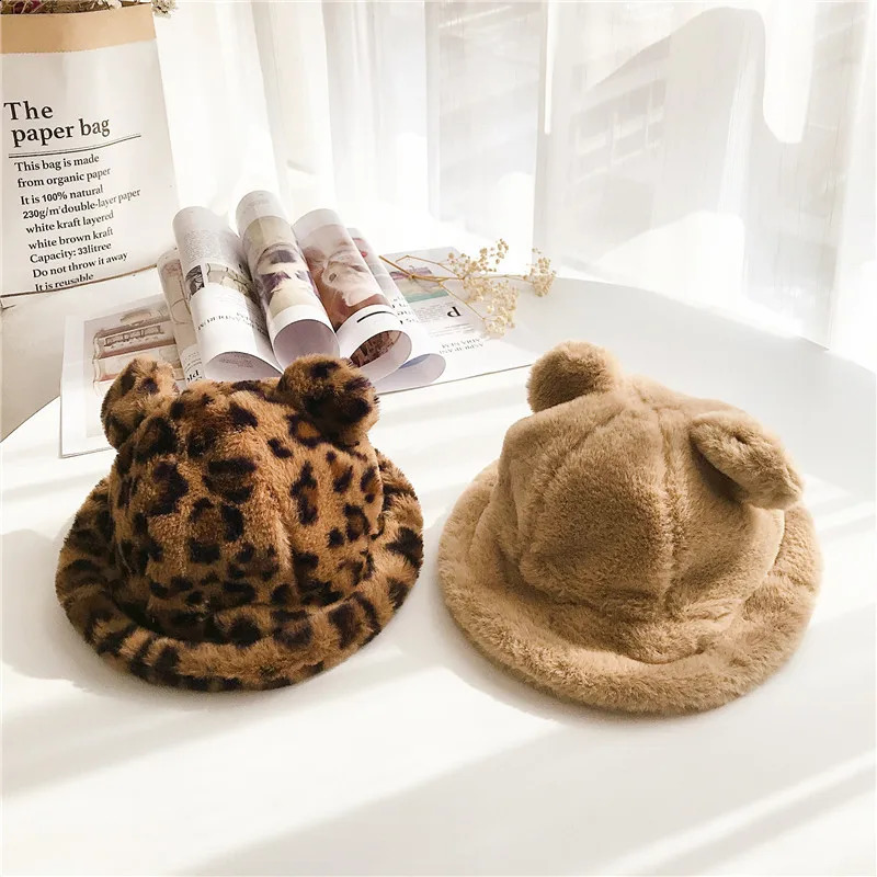 Leopard Faux Fur Bucket Baby Hat Solid Color Plush Fisherman Kid Cap With Ear Winter Warm Infant Panama For Girl Boy 241225