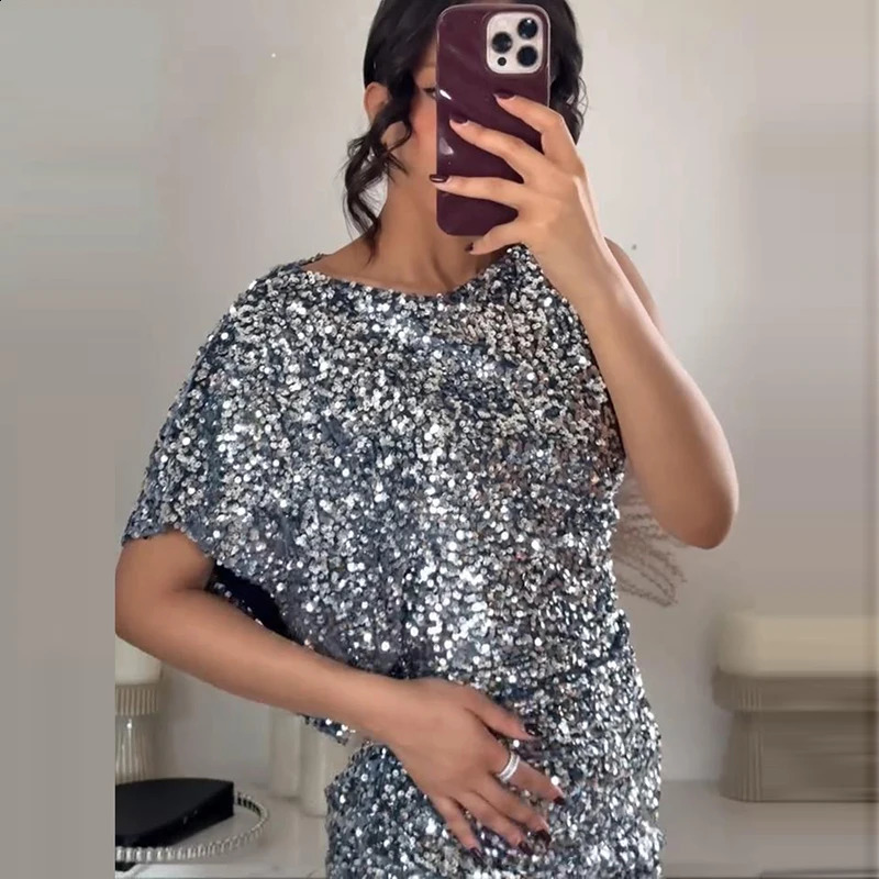 Elegant Solid Slim Dress Ladies O-neck High Waist Draped Evening Dress Spring Summer One Shoulder Sleeves Sequins Mini Dress 241226