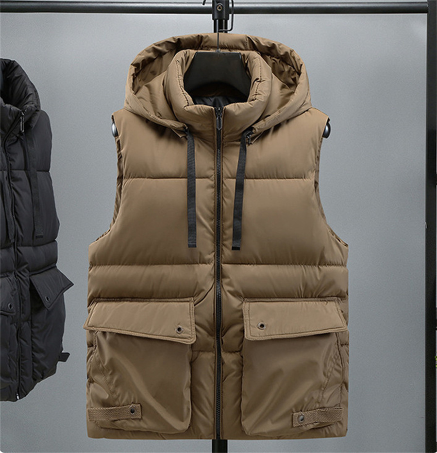 Green Men's Hooded Vest 2025 Winter Zipper Warm Stand Collar Waistcoat Men Cotton Padded Sleeveless Jackets With Big Pockets