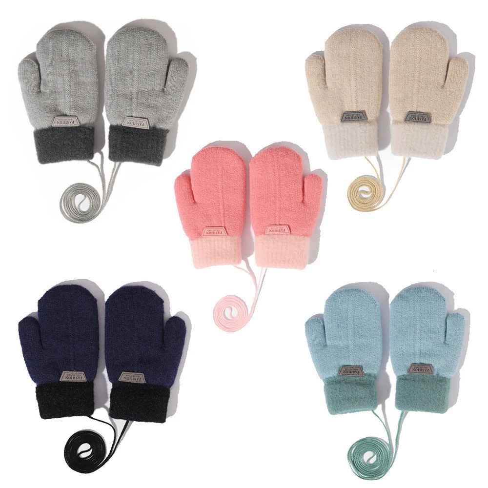 Winter Wool Baby Gloves Plush Lining Knit Kids Mittens Halter Warm Hands Children Fingerless Girls Boys Accessories 16Y 241225