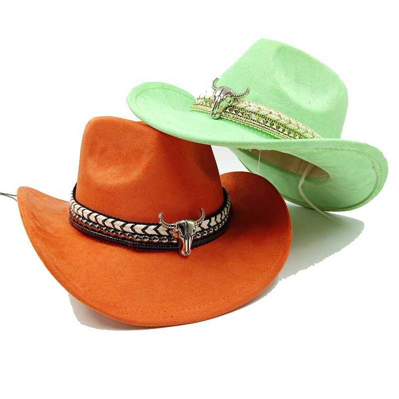 Suede Western Cowboy Hat Cow Head Jewelry Cowboy Hat Monochrome Felt Hat Mens and Womens Large Outdoor Hats Knight Hat W241225