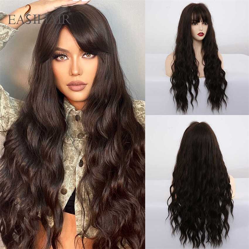 Synthetic Wigs Easihair Long Water Wave Dark Brown Synthetic Wigs for Women Cosplay with Bangs Heat Resistant Pink Black Hair Natural 230227 Hair Wigs