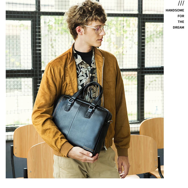 Natural Cowskin 100% Genuine Leather Mens Briefcase Fashion Large Capacity Business bag Black Shoulder Laptop Bag 241225