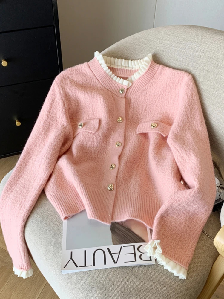 2024 Autumn Winter Cashmere Sweater Women Korean Style Casual Ruffles White Pink Red Long Sleeve Knitted Cardigans For 241225