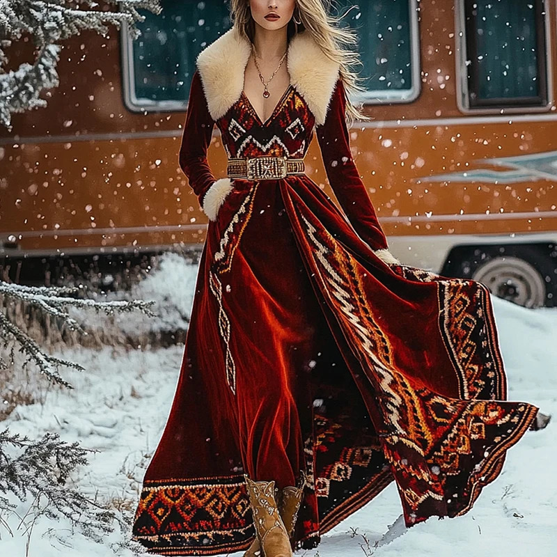 Winter Retro Ethnic High Waist Thickness Warm Dress Elegant Fur Collar Gold Velvet Party Dress Casual Pattern Printed Boho Dress 241224