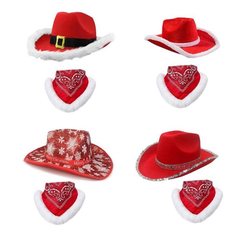 Fashion Scarf Cowboy Hat Bandana Set Christmas Party Photo Props Santa Claus Hat with Beautiful White Brim W241225