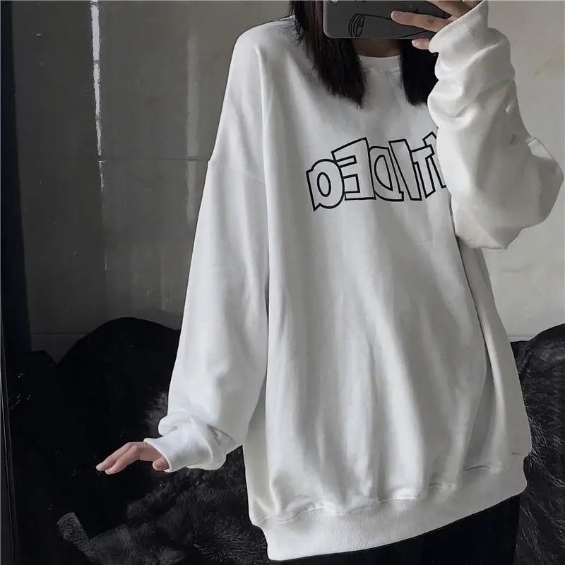 Lazy Style Print Letter Loose Hoodies Sweatshirts Spring Autumn Thin Solid Street Casual Pullovers Vintage Trend Women Clothing 241223