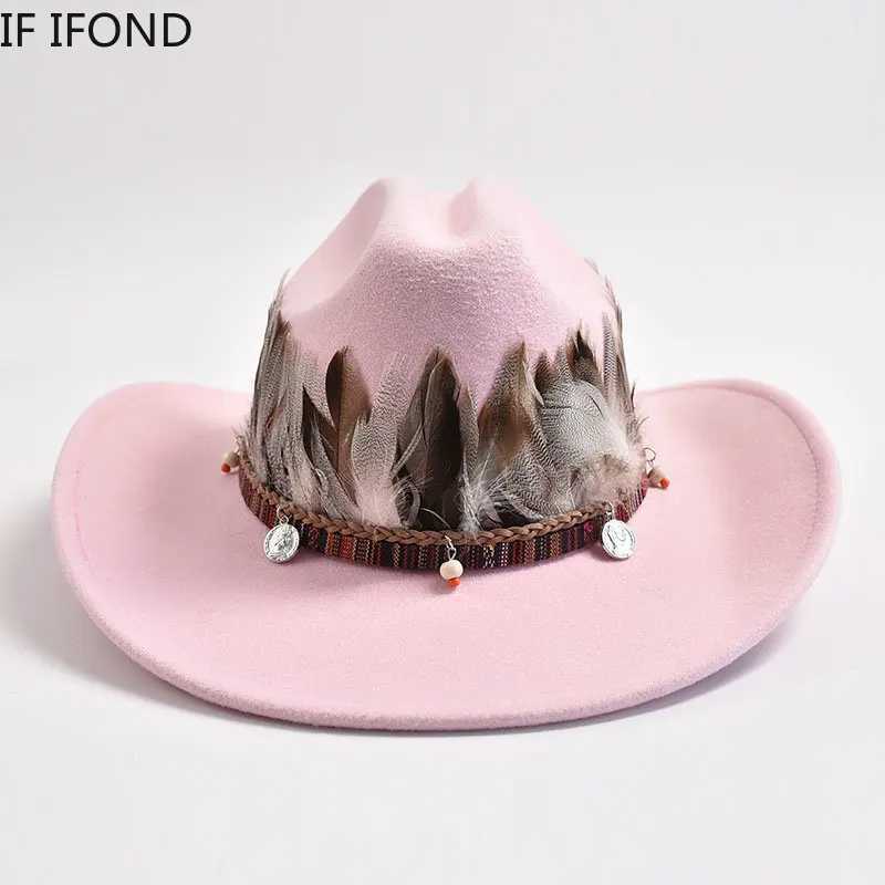 New retro feather decoration Western mens denim hat fashionable wide brown church jazz hat Sombrero Hombre Cs W241225