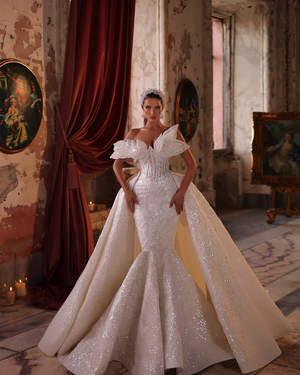 Gorgeous Mermaid Wedding Dresses Off-Shoulder Backless Sleeveless Lace Up Appliques Embroidery Bridal Gowns Detachable Train Custom Made Vestidos De N