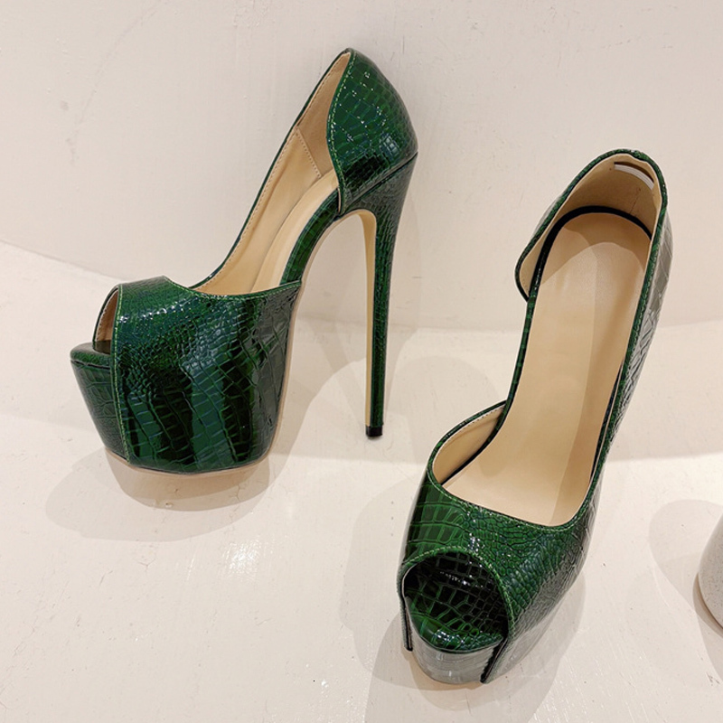 Liyke 2024 New Green Snake Print Leather Platform Pumps Women Sexy Sgback Peep Toe Extreme High Heels Strip Pole Dance Shoes
