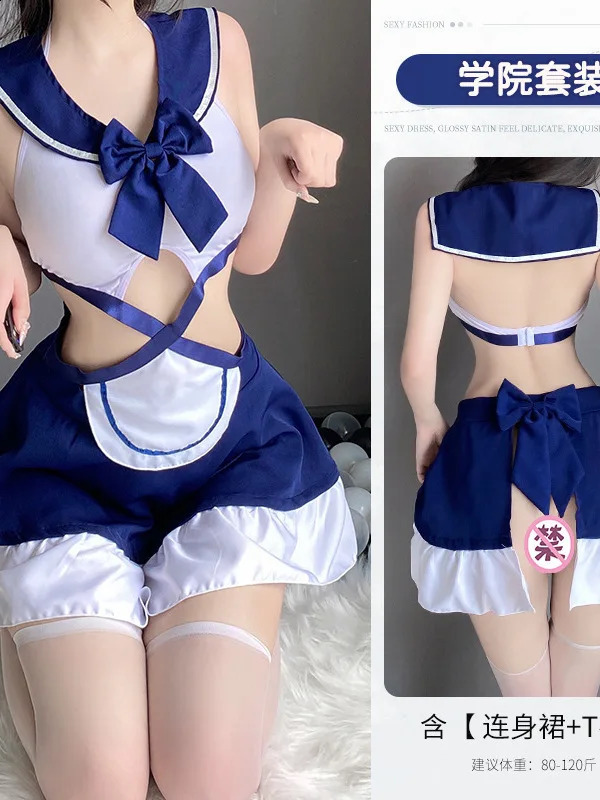 Sexy Girl JK College Style Dress Elegant Sailor Collar Bow Waist Hollow Color Blocking Lotus Leaf Edge Sweet Dresses NHAG 241226