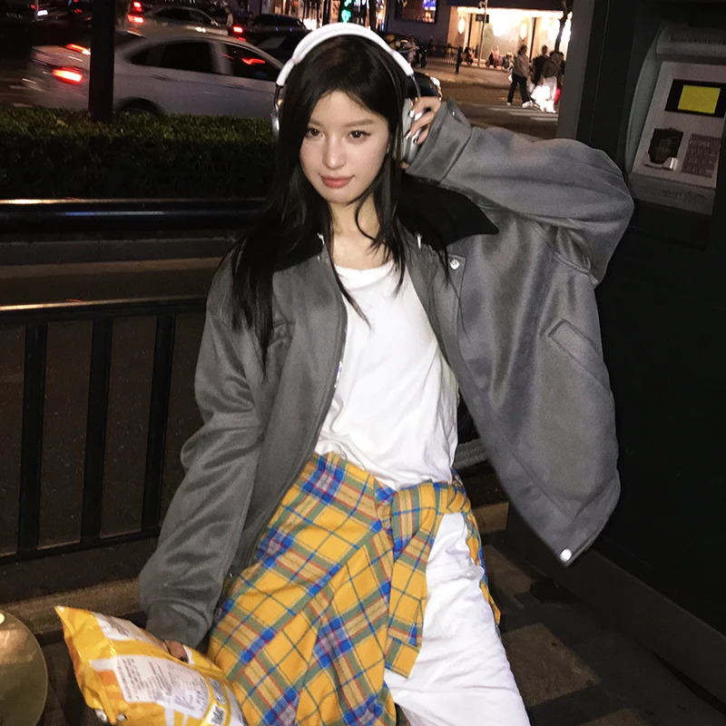 Couple American Streetwear Polo Collar Suede Baseball Jacket Women Coat Autumn Loose Casual Motorcycle Tops 241218