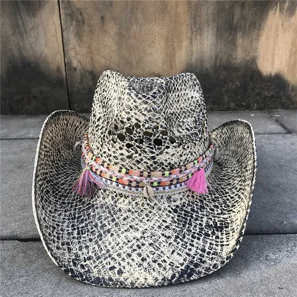 Womens Str Hollow Western Cowboy Hat Elegant La Tassel Sombrero Hombre Hat Charm Sunbonnet Cowboy Hat W241225