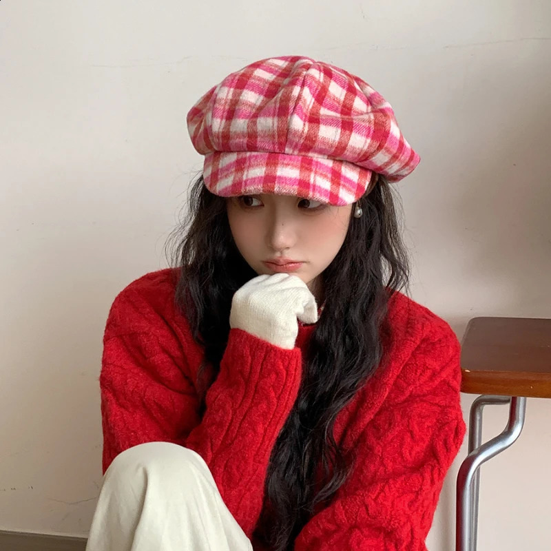 Ins Fashion Color Matching Plaid Wool Berets Cap for Women Show Face Small Winter Casual Warmth Versatile Retro sboy Hat 241226