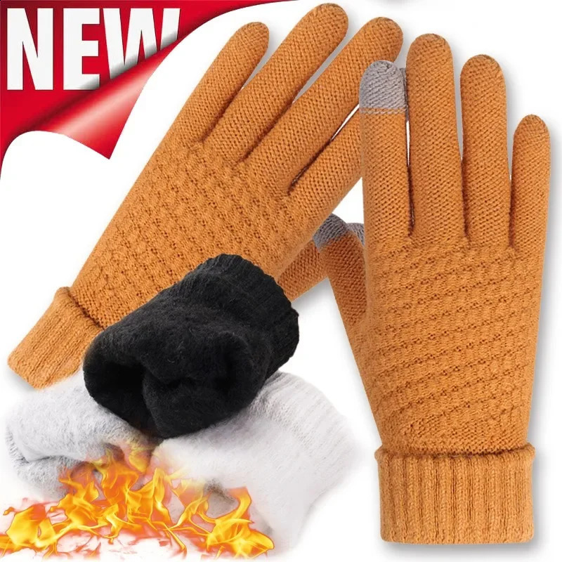 Knitted Woolen Five Finger Gloves Autumn Winter Plush Pineapple Patterned Cold-proof Slide The Screen Riding Warm Wool Mittens 241226