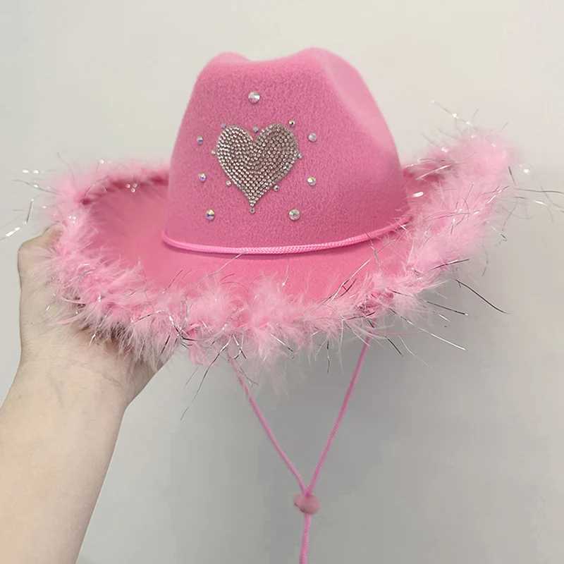 Diamond Heart Feather Cowboy Hat for Womens Western Style Fashion Party Wide Brown Cowboy Hat Plush Decoration Cs W241225