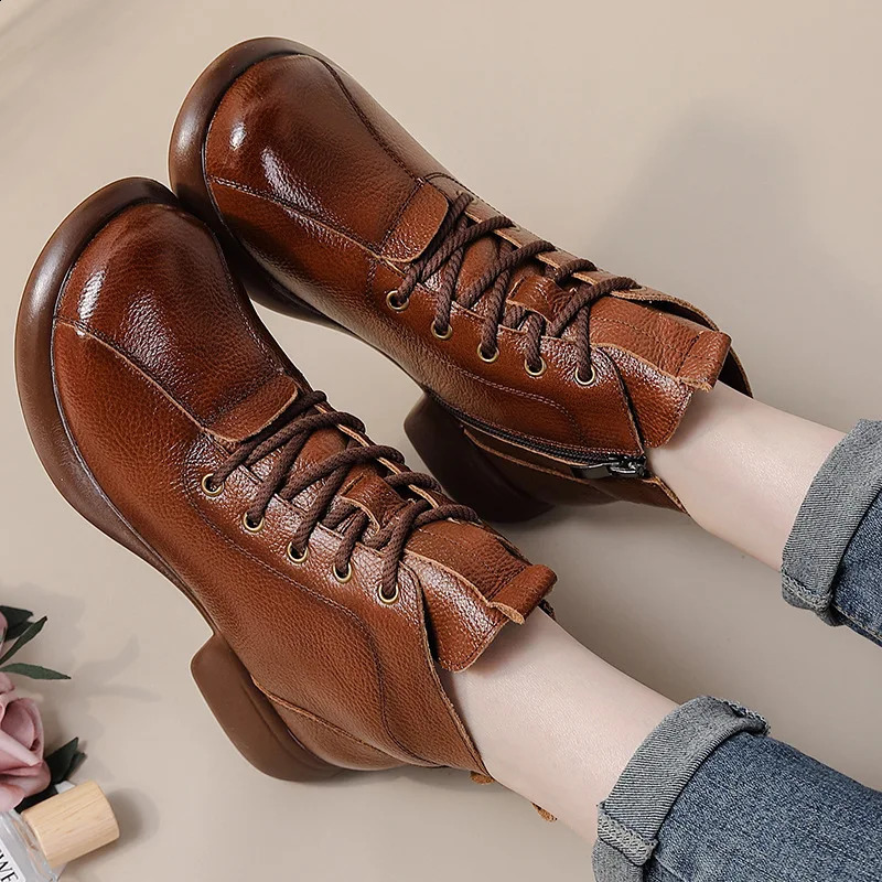 Handmade real leather boots womens autumn waterproof shoes ladies lace up oxfords woman wide toe ankle boots mom plush booties 241226