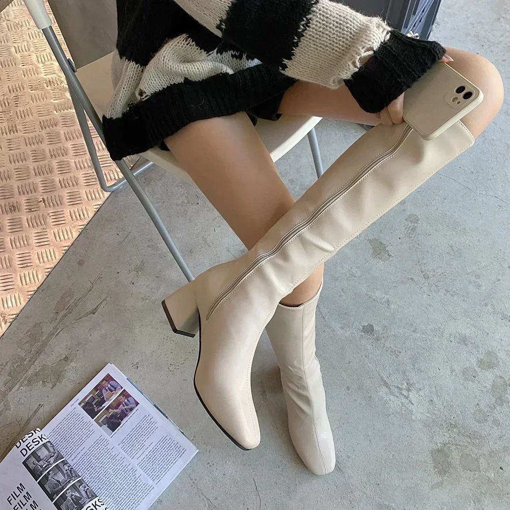 Knee-length Boots Women Womens Rubber Shoes Sexy Square Heel Thigh High Heels Winter Heeled Booties Black 241226