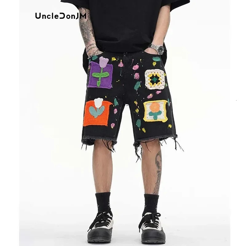 Graffiti Denim Shorts Pathches Flower Jorts Men Vibe Style Baggy Jorts Streetwear Y2k Jeans for Men 241225