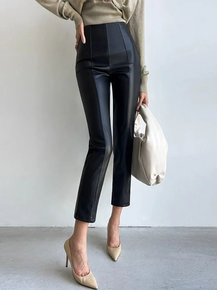 PU Autumn Winter Leather Pencil Pant Women Bodycon Fashion Office High Waist Ladies Trousers Casual Woman Pants 241223