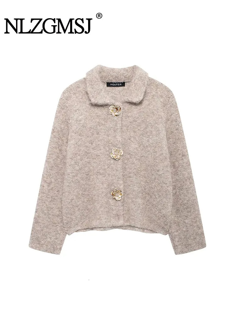 TRAF Autumn Flower Button Decorative Cardigan Top Woman Solid Color Single Breasted Short Knitted Coat Women Outerwears 241225
