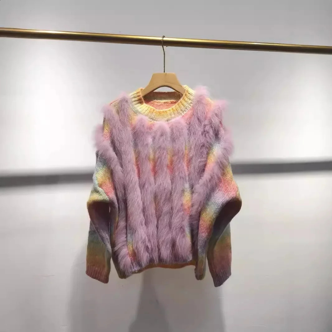 Autumn Women Loose Knitted Pullover Sweater With Real Natural Fox Fur O-neck Plus Size Long Sleeves Knitting Sweaters 241224