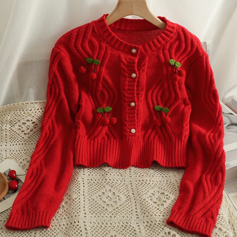 YuooMuoo Chic Fashion Cherry Knitted Cardigan Women Autumn Cute Button Up Oneck Long Sleeve Coat Streatwear Lady Y2K Sweaters 241225