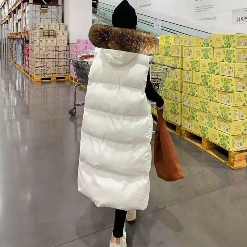 Detachable Fur Long Vests Winter Women Vest Korean Hooded Jacket Cotton Padded Windproof Warm Waistcoat 2024 241223