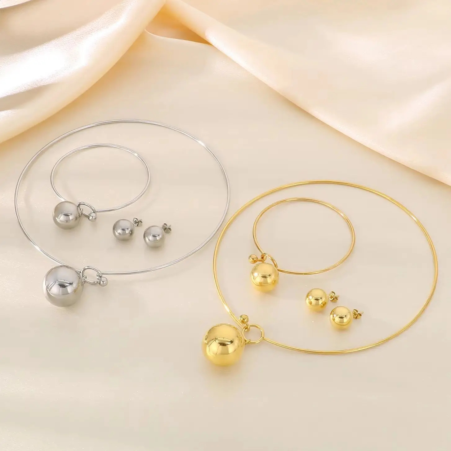 Simple Hollow Round Beads Stainless Steel Sets Bangle Choker Earrings For Women Silver/Gold Color Wedding Party Jewelry 241226