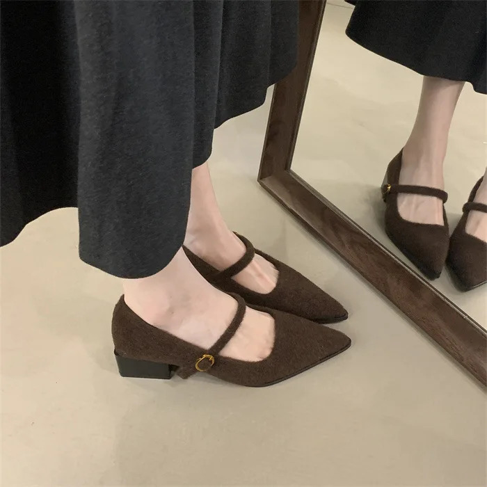 Dress Shoes Woman Office Ladies Mary Jane Slim Heels Footwear Pointed Pumps Chunky Sandals Work Lolita Slimming African Toe Bloc 241225