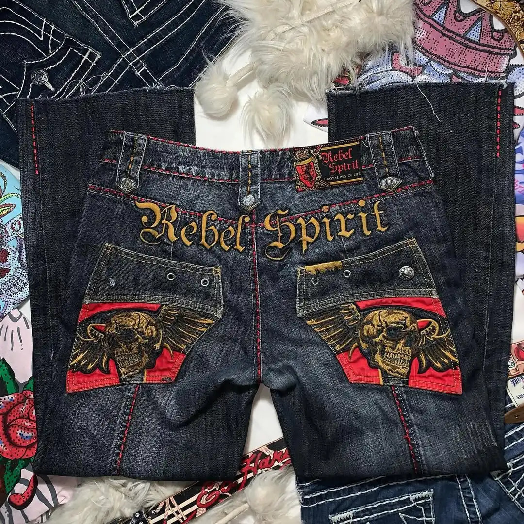 Y2K American Streetwear Gothic Skull Embroidery Wide Leg High Waist Washed Jeans Retro Loose Jeans Patch Pants 241224