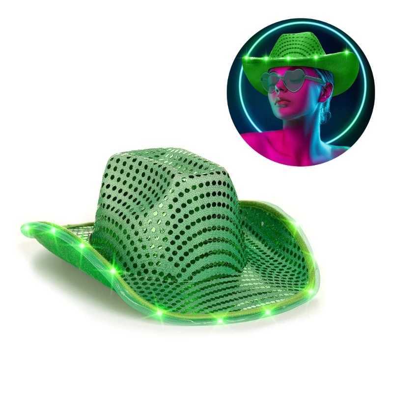 Womens glowing green sequin denim hat wide Brim bride LED lit Brim hat W241225