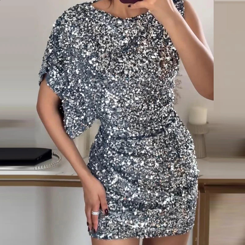 Elegant Solid Slim Dress Ladies O-neck High Waist Draped Evening Dress Spring Summer One Shoulder Sleeves Sequins Mini Dress 241226