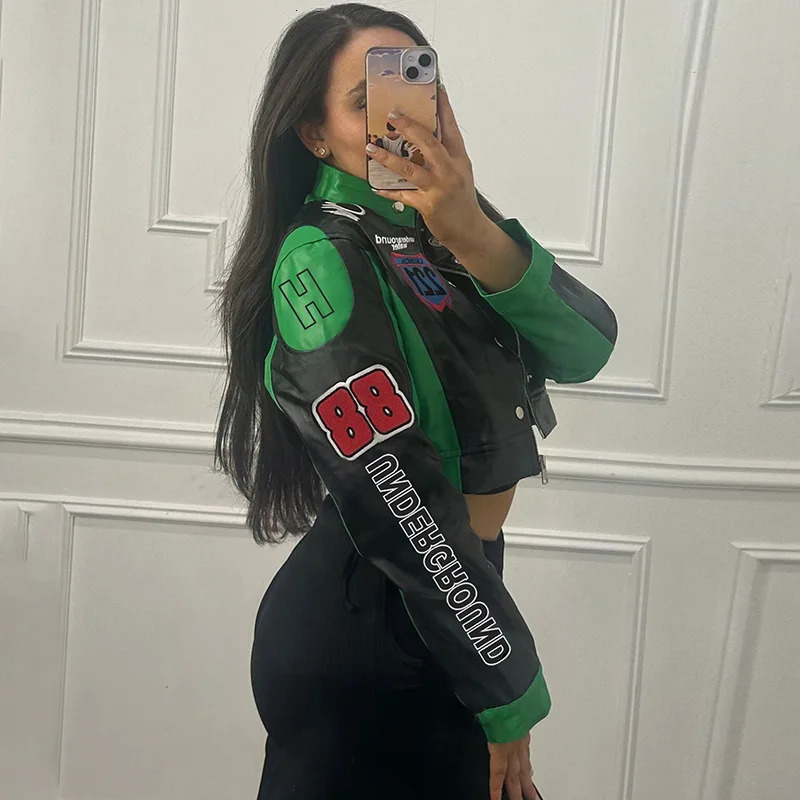 Printed Baseball Jackets Women Crop Varsity Coats Y2K Streetwear Cyber Racer Patchwork Winter Fall Clothing 241218