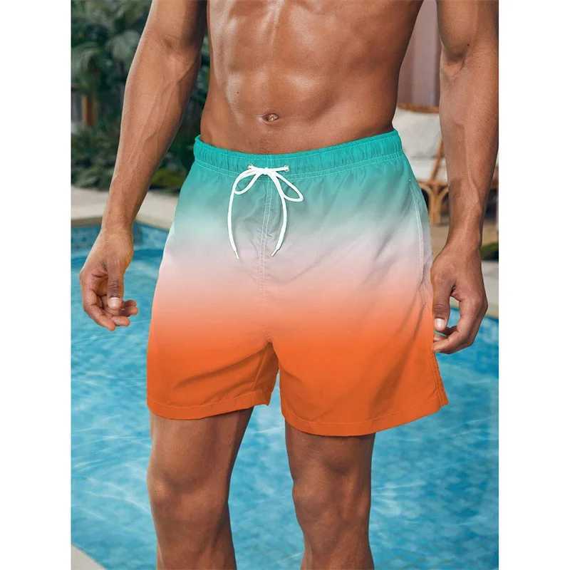 Gradient colored block graphic beach shorts mens colored 3D printed board shorts casual breathable shorts loose swimming trunks W241226