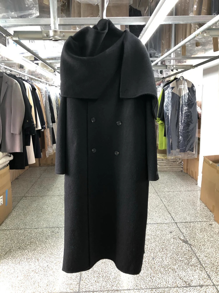 Elegant Big Scarf Collar Double Breasted Wool Coat Women Loose Korean Fashion Cashmere Winter Jacket 241225