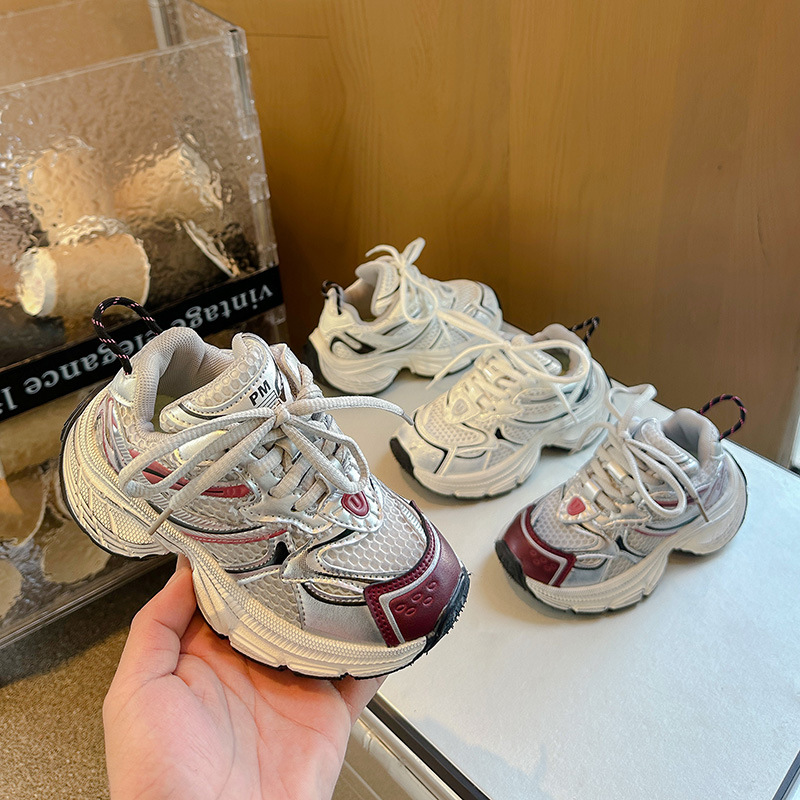 Daddy Shoes Female Ins Tide Outdoor Spring And Summer Thick Bottom Sneakers Mesh Designer Shoes Silver White Casual Shoes Size 28-40 For Children