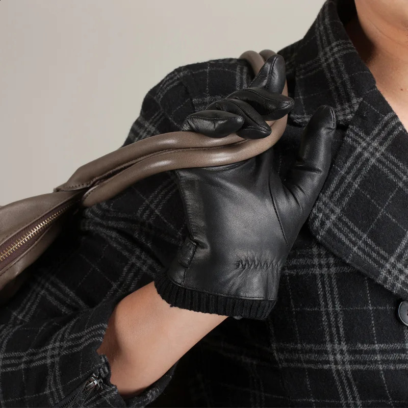 Knitted Rib Men Sheepskin Gloves Winter Motorcycle Top Quality 100% Genuine Leather Gloves Warm Full Finger Gloves Men Brown 241226