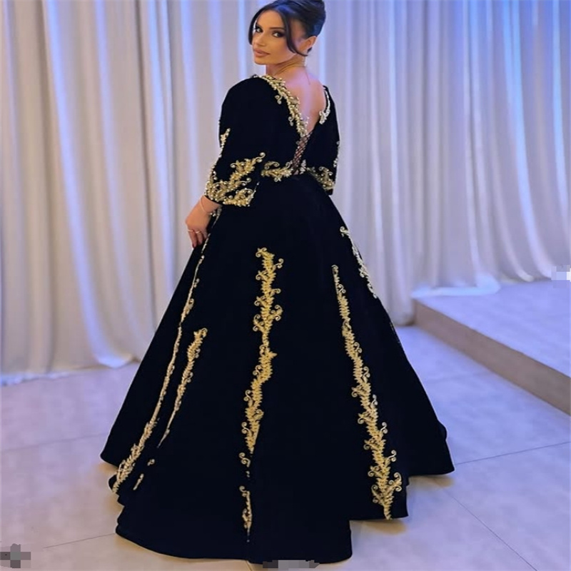 Traditional Kosovo Albanian Evening Dress Black With Gold Lace Islamic Turkish Elegant Arabic Dubai Prom Dress Birthday Sleeves Formal Occasion Party 