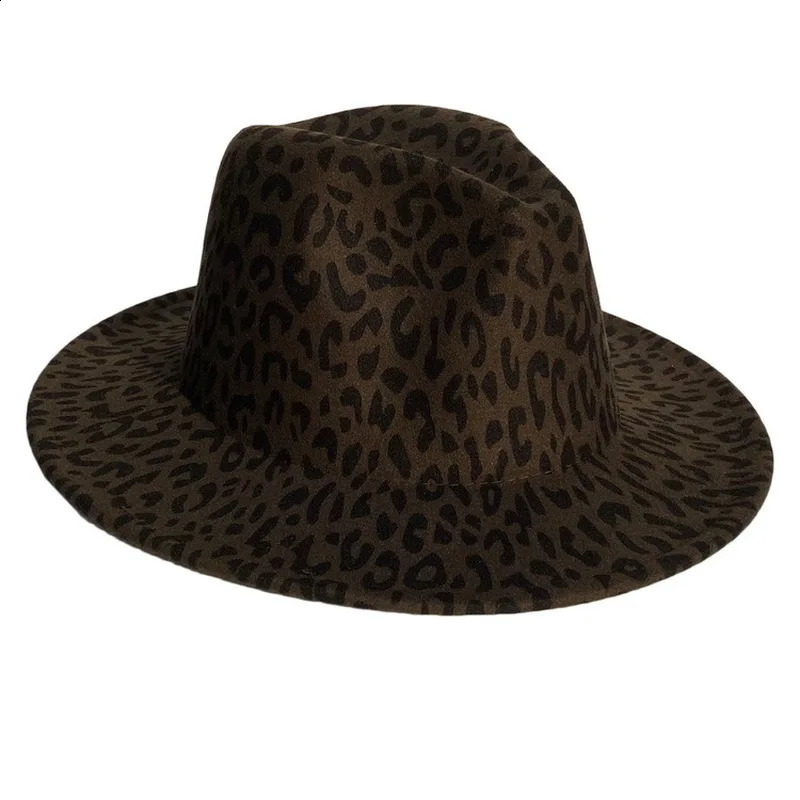 Unisex flat brim wool felt jazz fedora hat men and women leopard print leather band decoration tribe Panama formal hat cowboy 241226