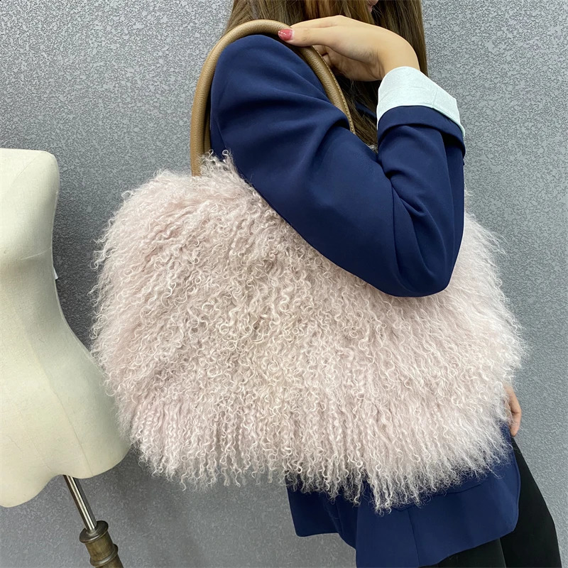 Factory Wholesale Fashion Real Mongolian Lamb Fur Bag Sheep Fur Shoulder Bag241226