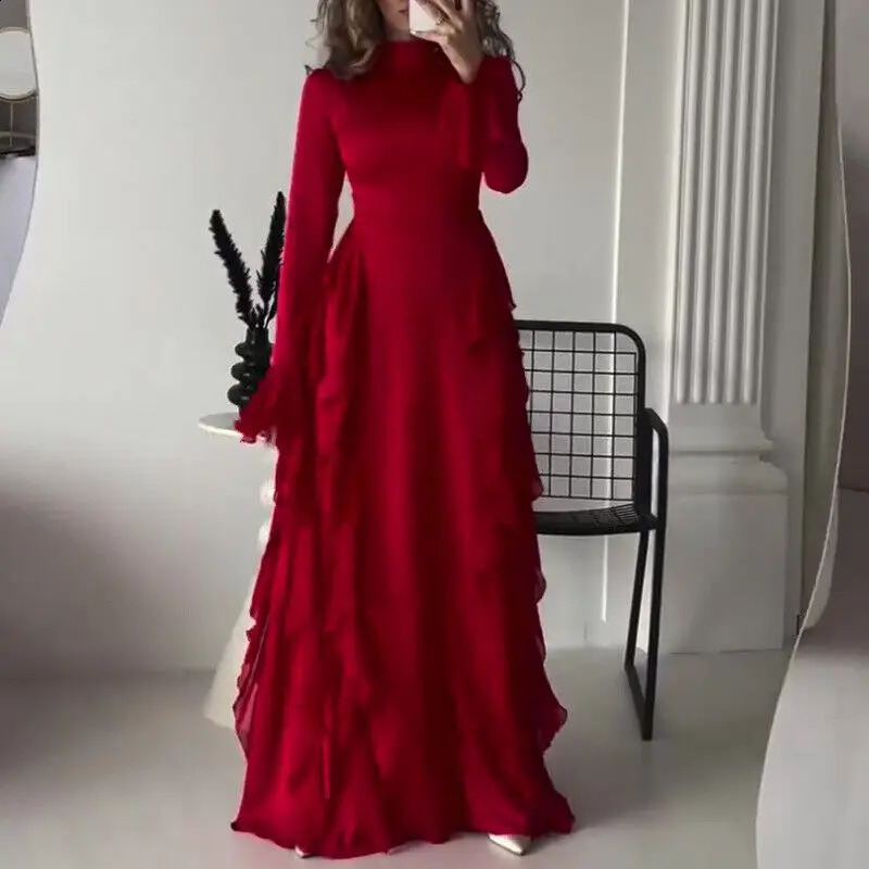 Womens Flare Sleeve Ruffle Dress Muslim Party Gowns Dubai Abaya Turkey Robe Elegant Female Robe Islamic Gown Autumn Fashion 241223