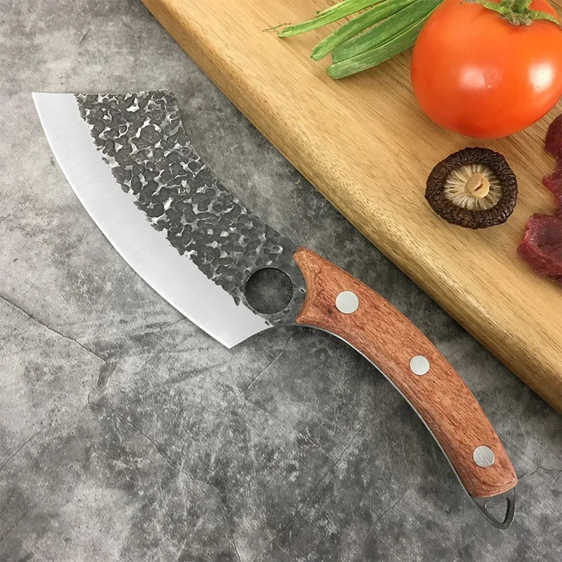 Chefs knife forging stainless steel butcher kitchen meat Boning lawnmower curved knife cutting redwood black wood handle finger ring 241225