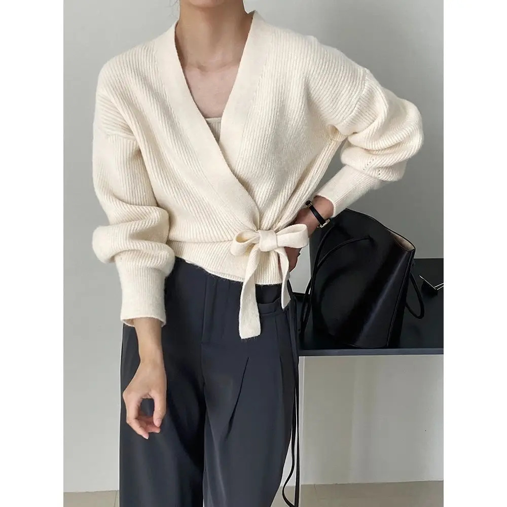 Early Autumn Bow Tie VNeck Knit Womens Short High Waist Cardigan Sweater Coat Overlay n Sense Top 241225
