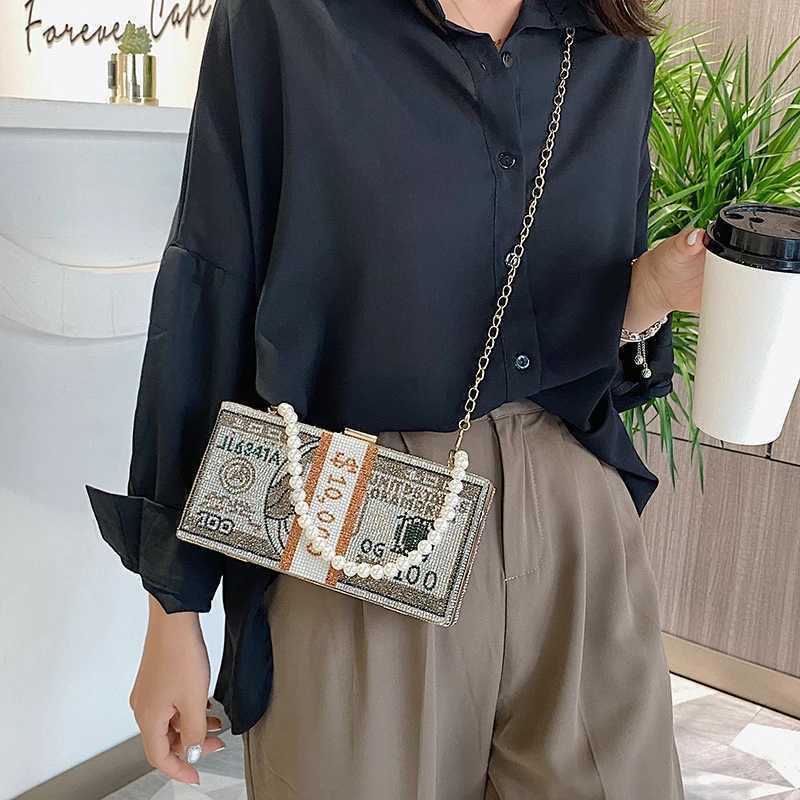 High Quality Luxury rhinestone pearl chain evening bag womens clutch wallet small square box dollar pattern casual shoulder messenger bag T241225
