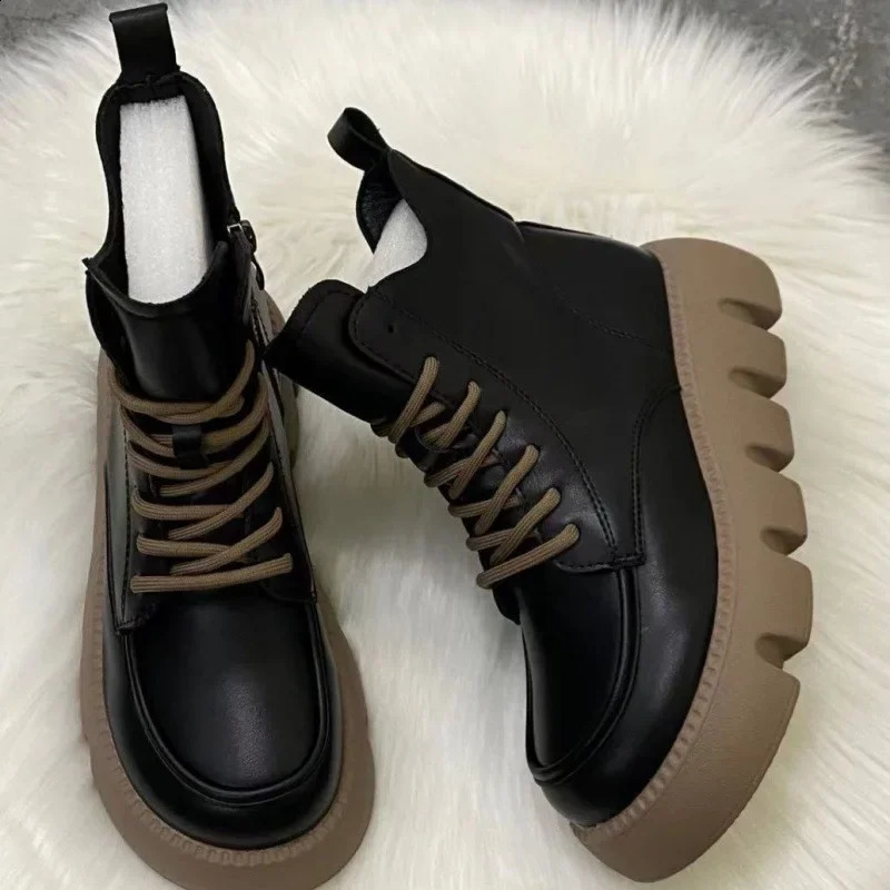Platform Short Shoes for Women with Laces Footwear Punk Booties Black Combat Lace-up Female Ankle Boots Round Toe Leather Boot 241226