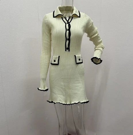 Womens Fashion Elegant Dress Autumn/Winter Small Fragrant Slim Knitted Mini Dress Flame Sleeve Short Skirt 241224